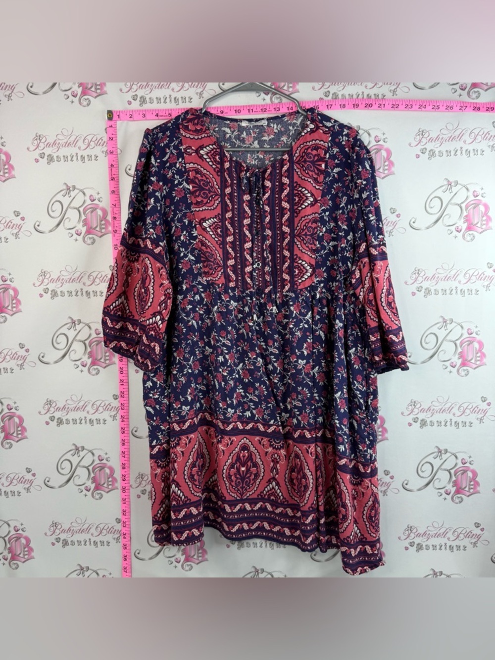 Chigant dress or long shirt paisley Boho Navy and Pink Floral Peasant Tunic